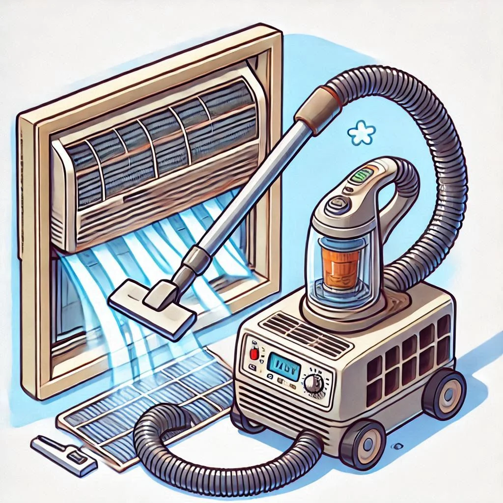 "A vacuum cleaner with a hose attachment being used to clean the interior components of a window air conditioner, including coils and filters."