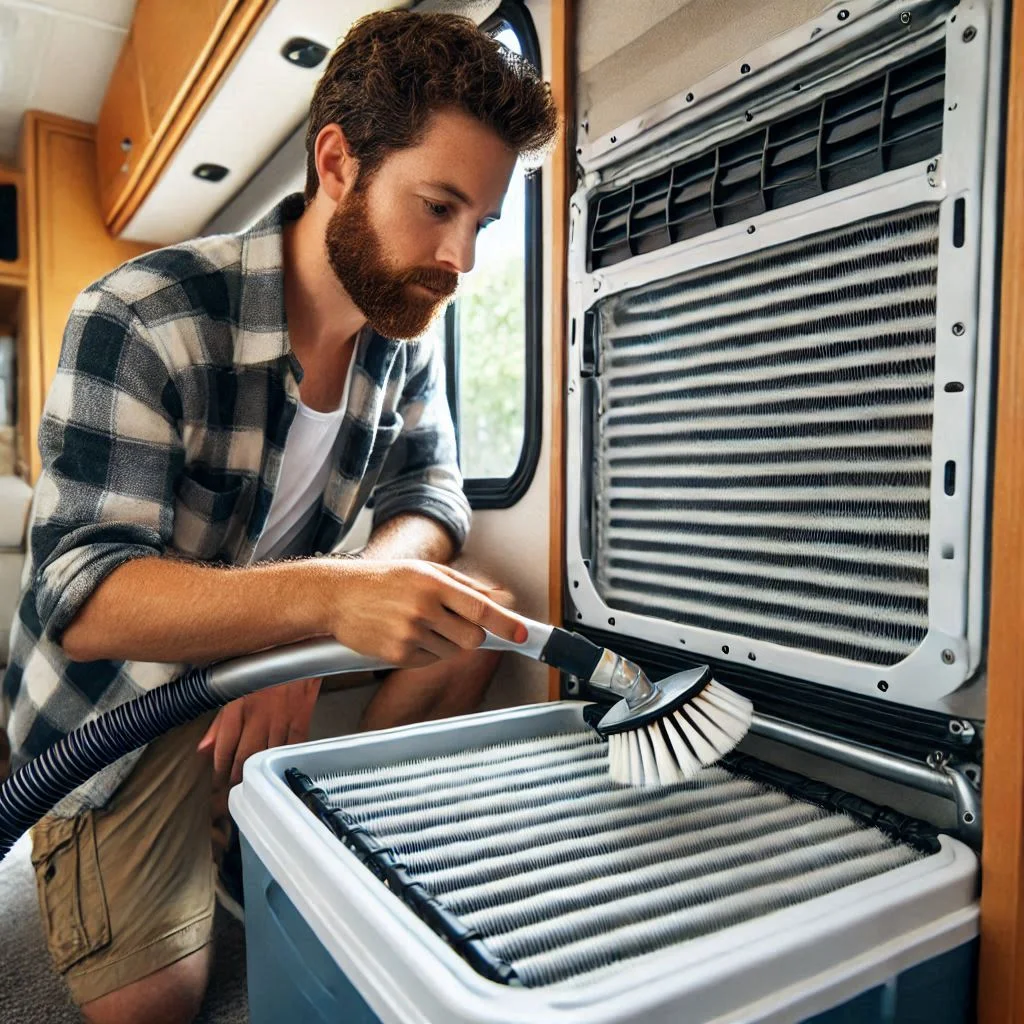 A person using a soft brush attachment on a vacuum cleaner to clean the evaporator coils of an RV air conditioner, ensuring precision.