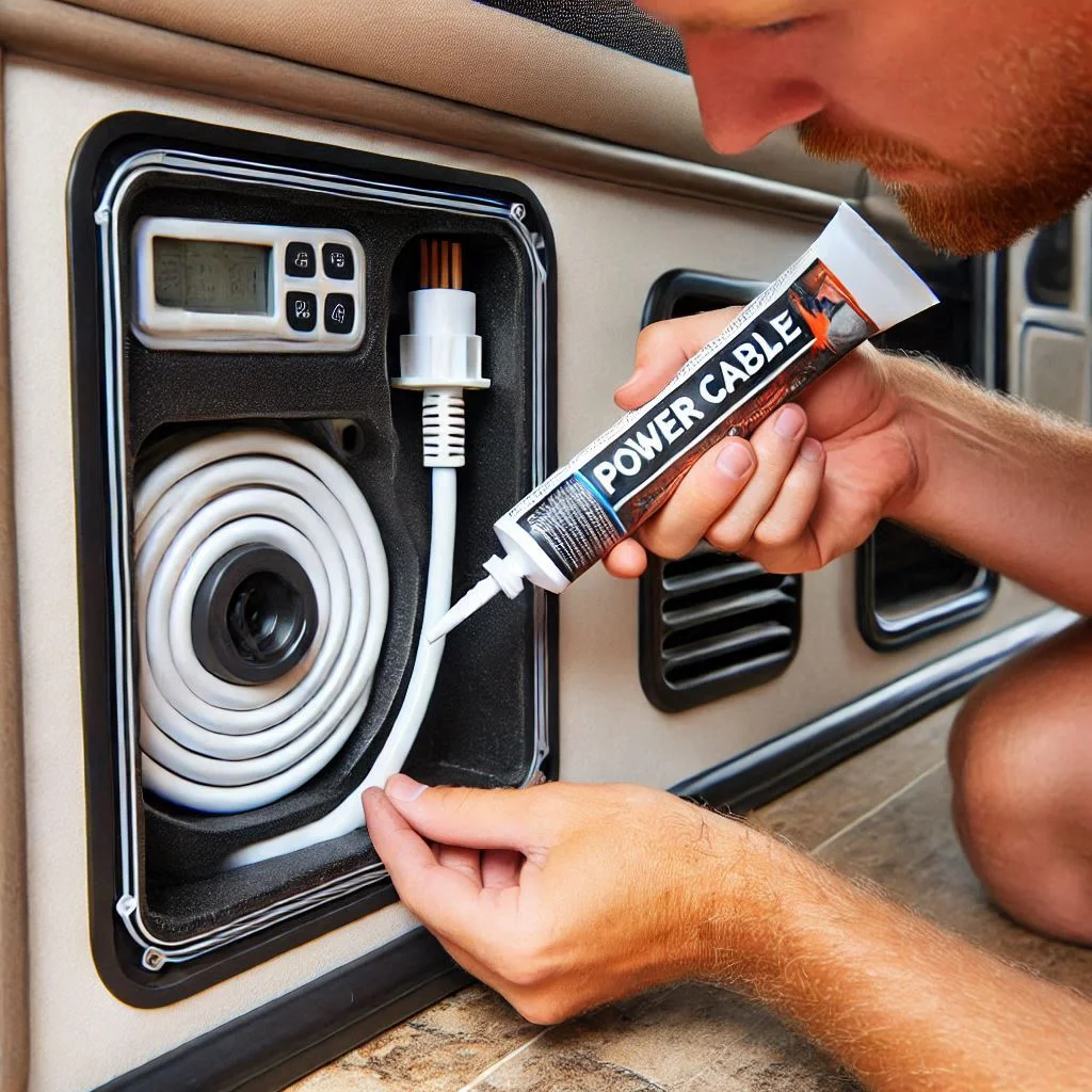 A photo of a technician sealing the area around the power cable entry point into the RV, using a tube of RV-specific sealant. The technician should be shown applying the sealant neatly to prevent water leakage.