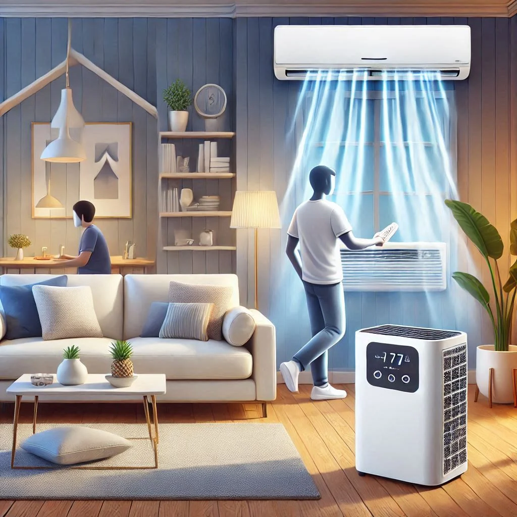 "Image of an air conditioner and air purifier working together in a living room, showing the AC cooling the air while the purifier cleans the air. Include a visual of improved air quality and comfort."