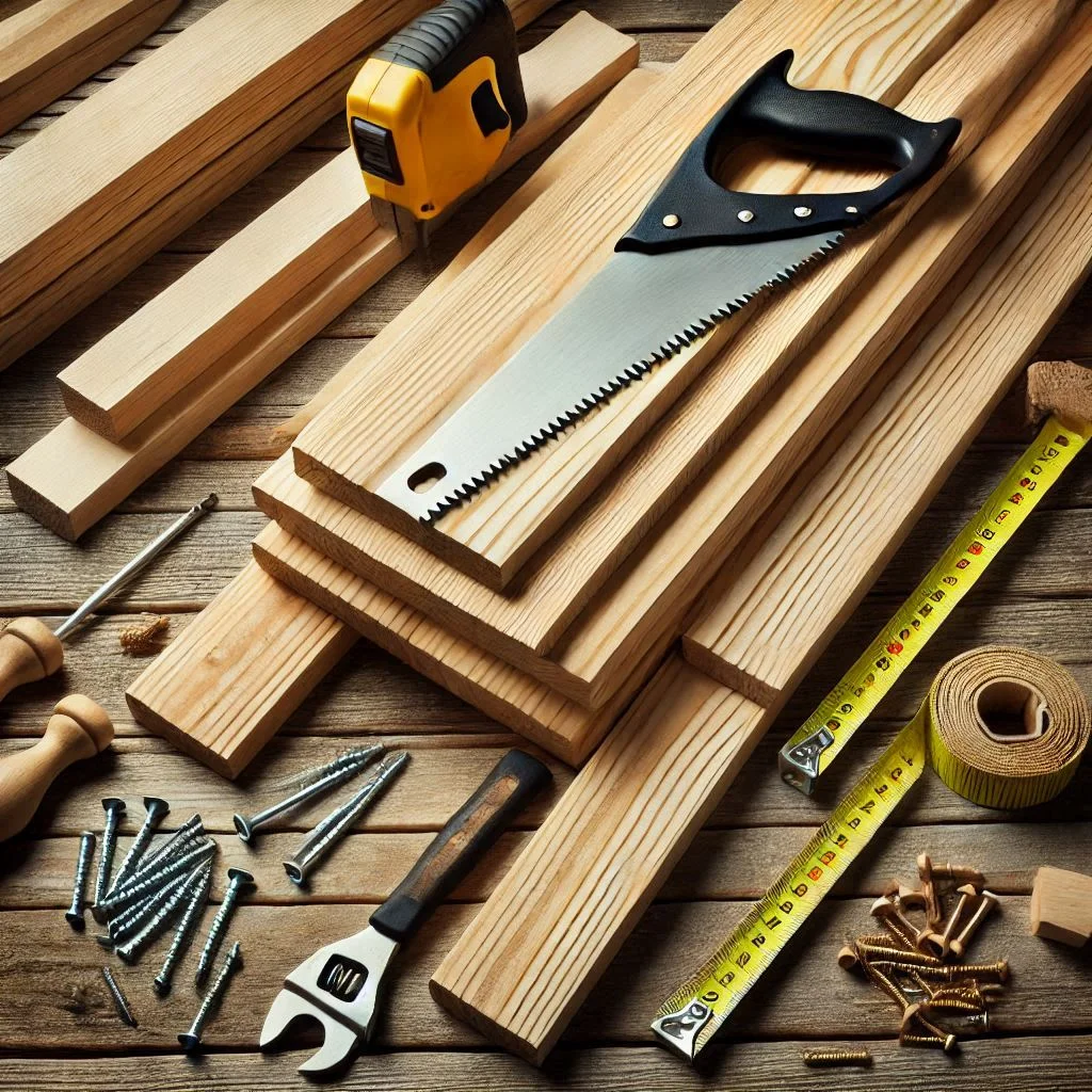 "Wooden planks (pressure-treated, untreated, and composite) neatly arranged on a workbench, with a saw, measuring tape, and wood screws placed next to them, ready for cutting and assembly."