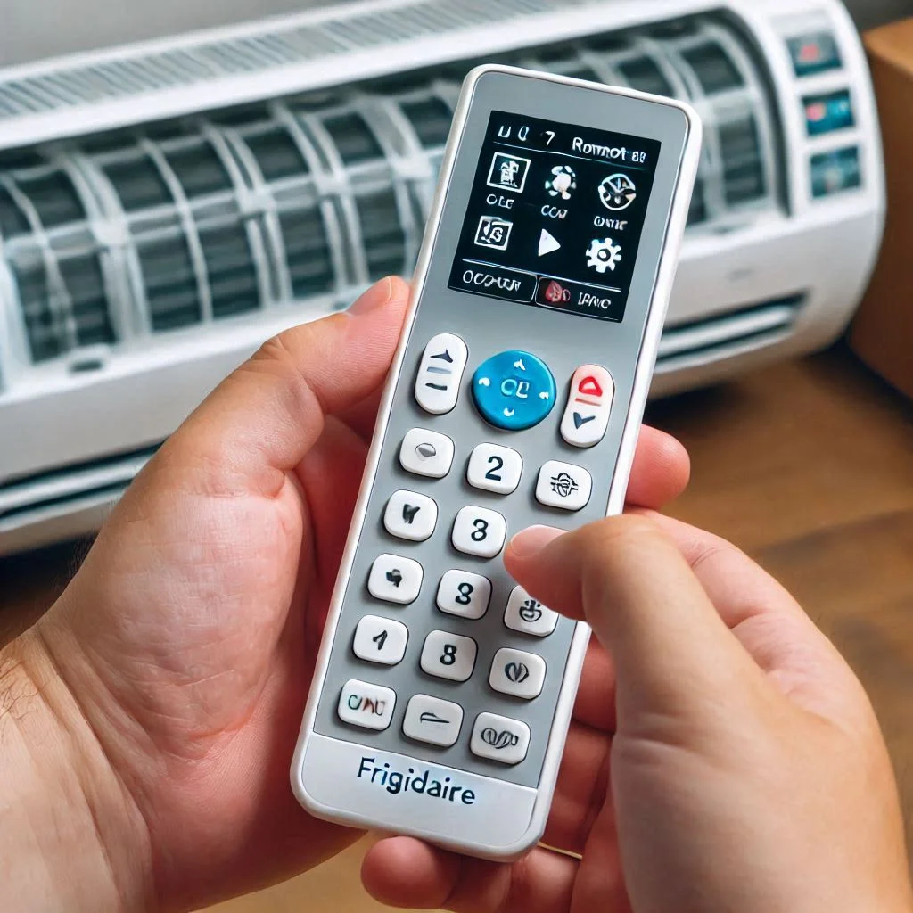 A Frigidaire air conditioner remote being tested for functionality after installing a replacement part, with a focus on the user pressing buttons.