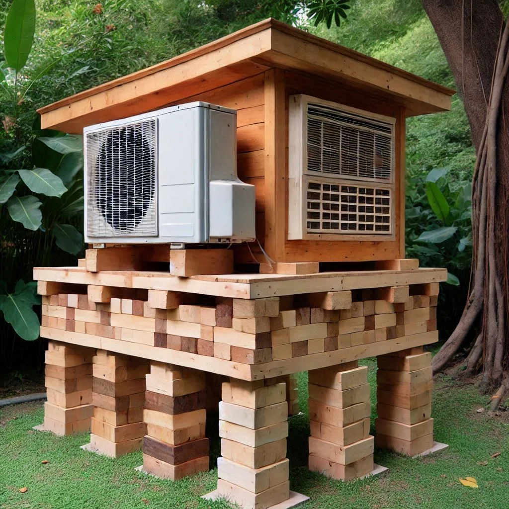 An elevated wooden air conditioner cover with small blocks lifting the base off the ground.