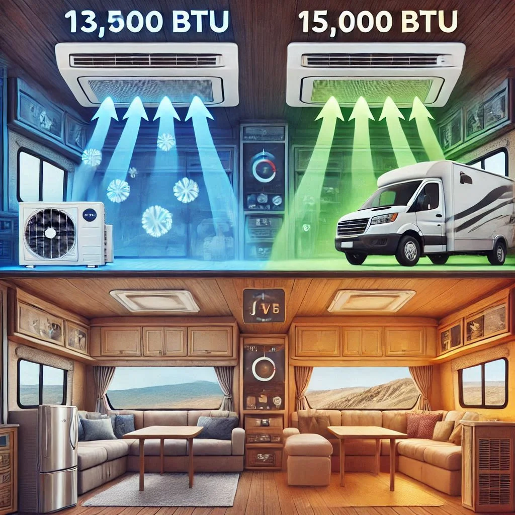 An image comparing the cooling power of a 13,500 BTU vs a 15,000 BTU RV air conditioner, showing an RV interior with different temperature settings.