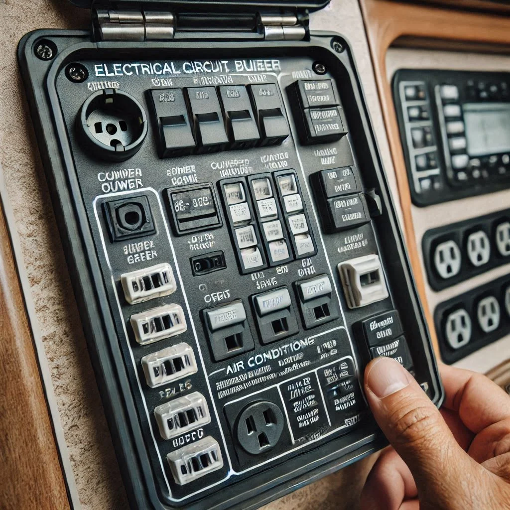 A close-up image showing an RV's electrical circuit breaker panel, with focus on the power outlets and the specifications for an air conditioning unit installation.