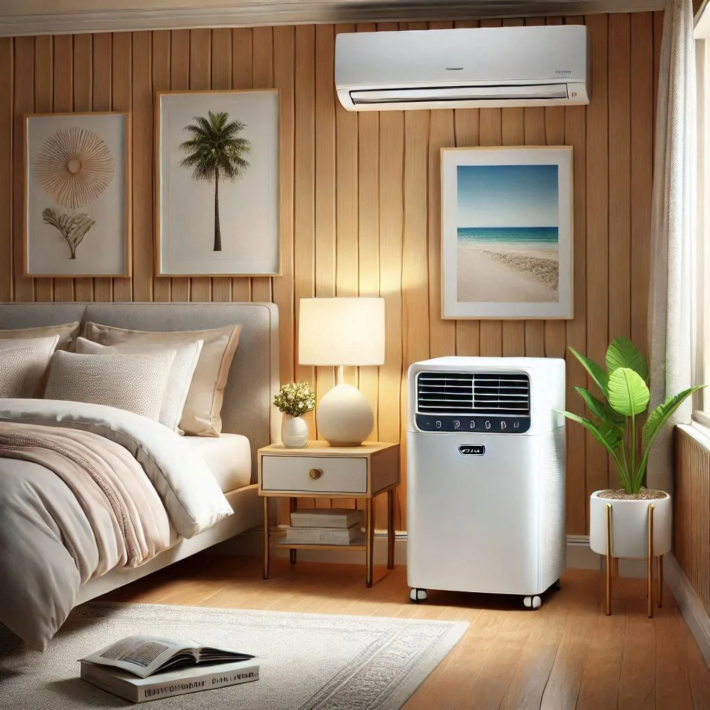 "DeLonghi PAC AN112 Silent Portable Air Conditioner in a bedroom setting, showcasing its quiet operation and eco-friendly features."