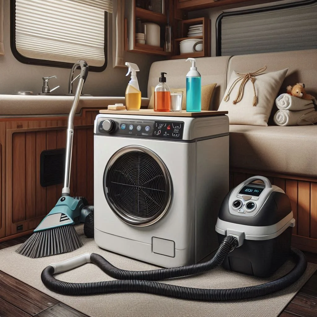 An RV AC unit with the power button turned off and cleaning supplies like a vacuum and soap placed nearby, ready for use.