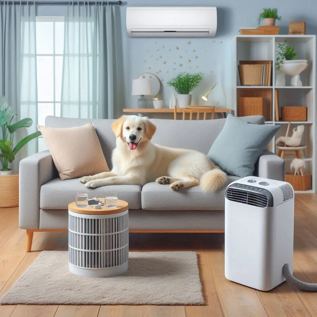 A living room with a pet lying on the couch, an air purifier removing pet dander and odors, and an air conditioner cooling the space.