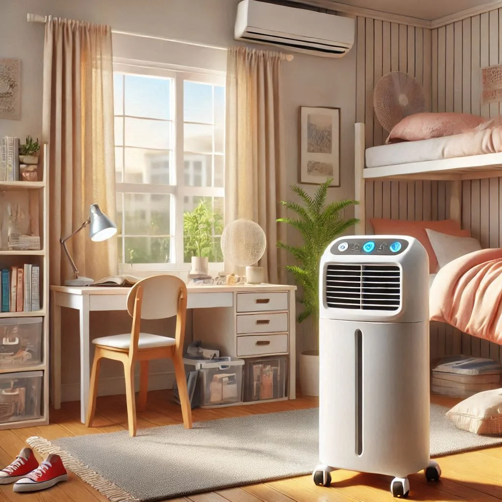 "Comparison of an air cooler and a portable air conditioner side by side in a dorm room setting."