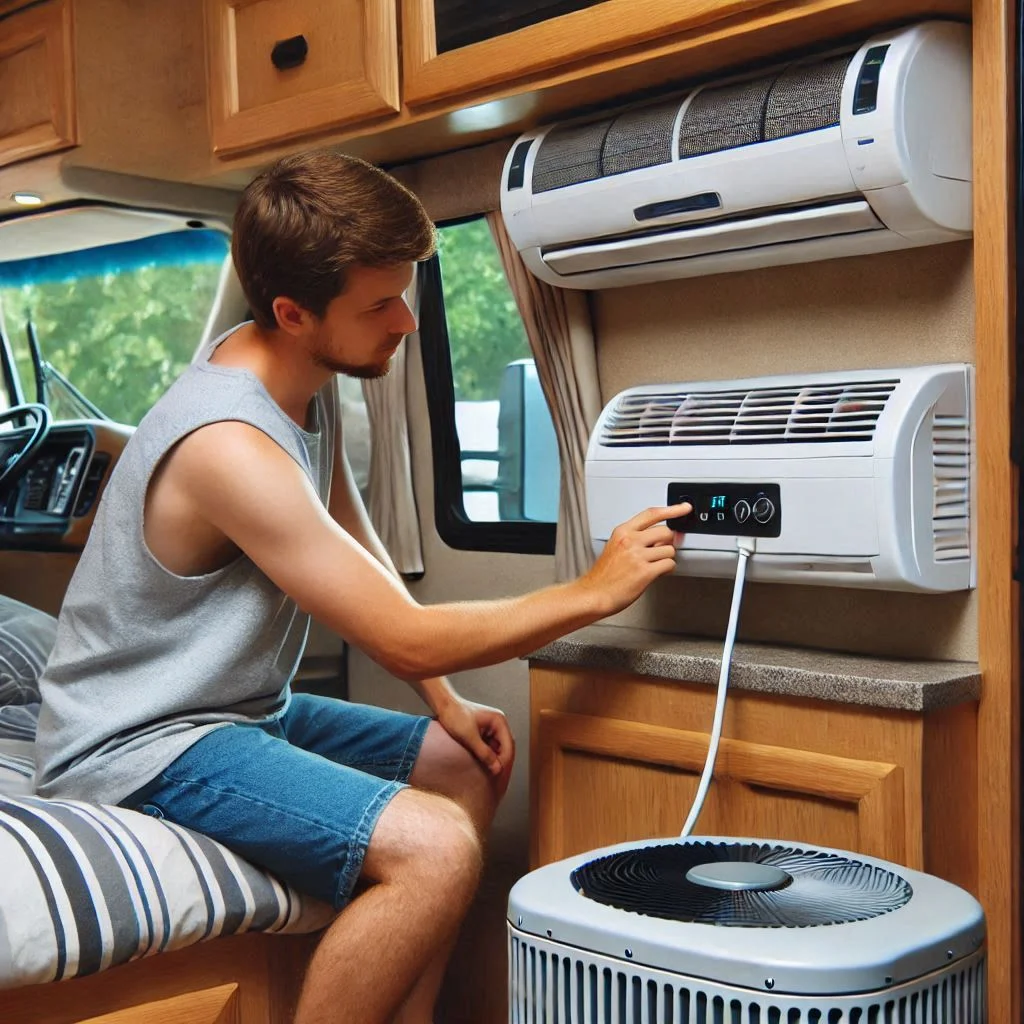 "A person shutting off an RV air conditioning unit after a long day of travel, preparing the vehicle for rest."