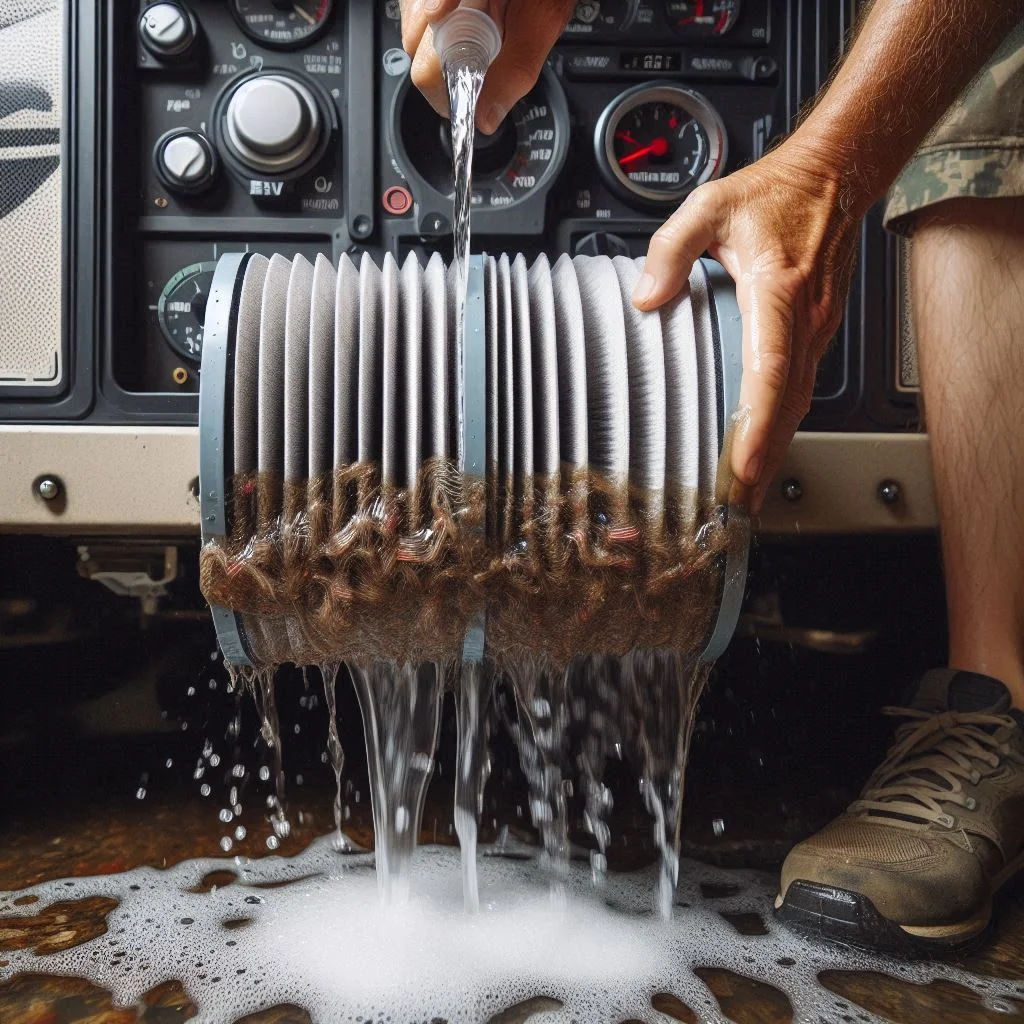 A close-up of an RV AC air filter being cleaned under running water, with visible dirt and debris being removed.