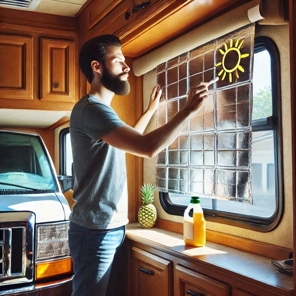 "A reflective window cover being placed on an RV window to block out sunlight and reduce heat inside."