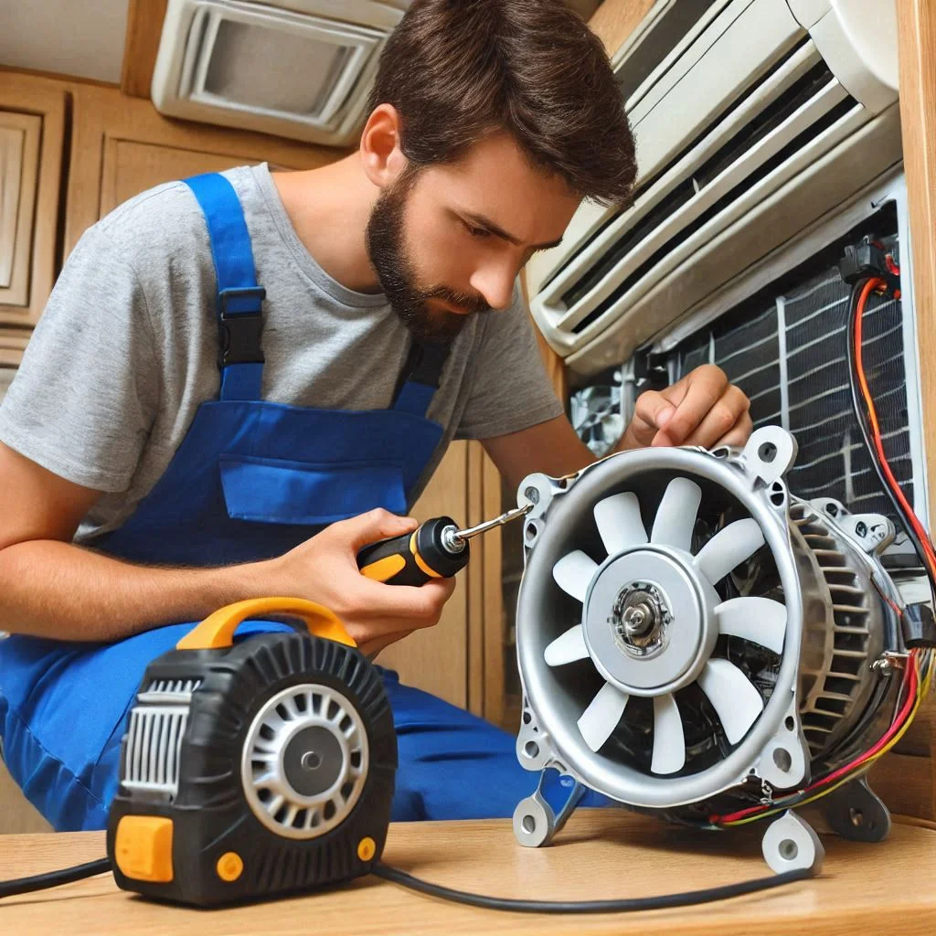 “Technician inspecting and repairing the fan motor of an RV air conditioner.”