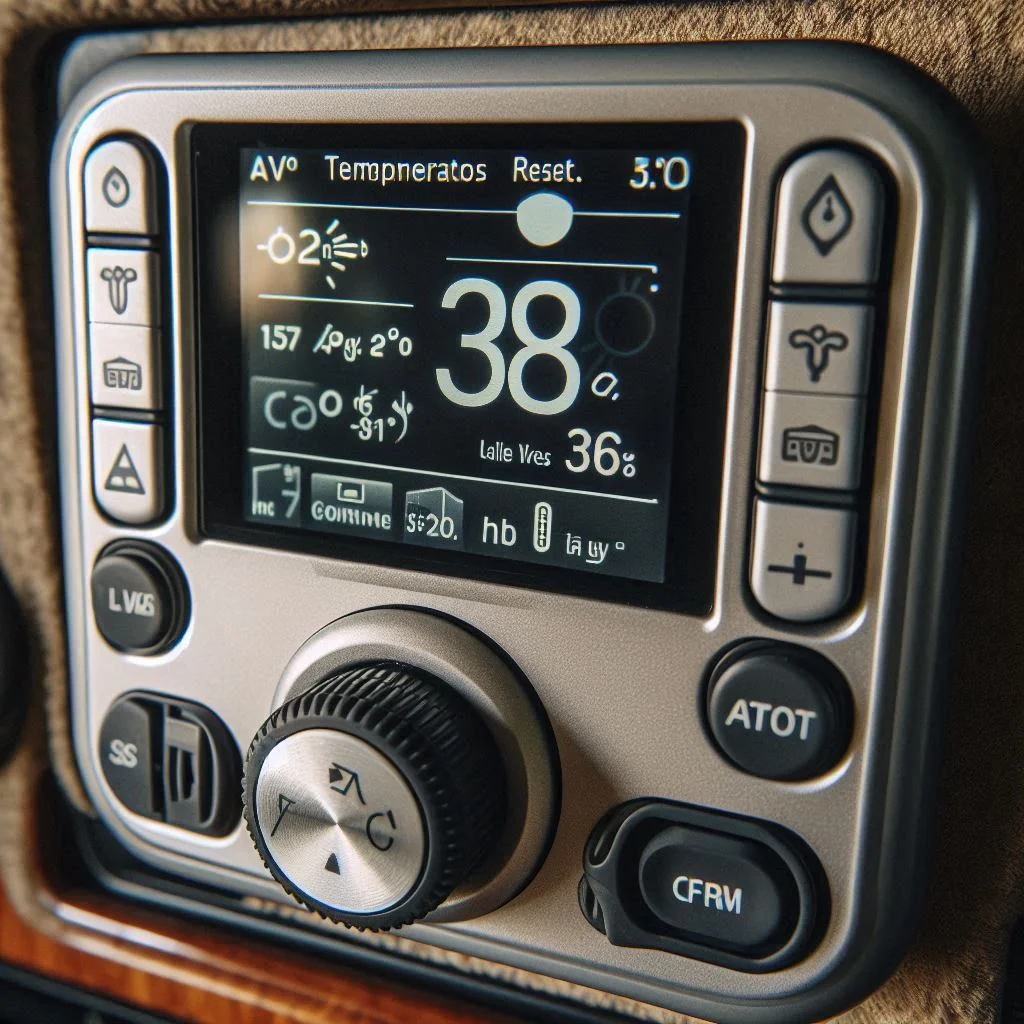 A close-up of an RV thermostat display showing temperature settings being adjusted after a reset.