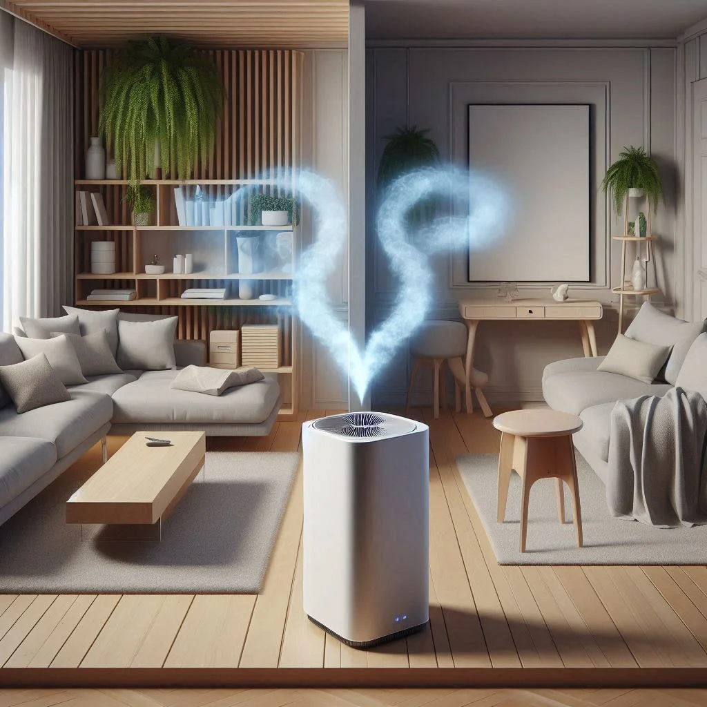 A visualization of an air purifier placed correctly in a central room location with clean air flow, contrasted with a poorly positioned unit blocked by furniture.