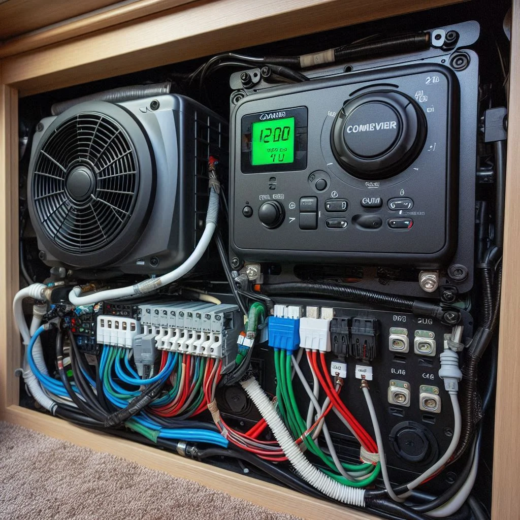 A close-up of an RV’s electrical system, showing the compatibility of a 13500 BTU air conditioner with both 12V and 48V power setups.