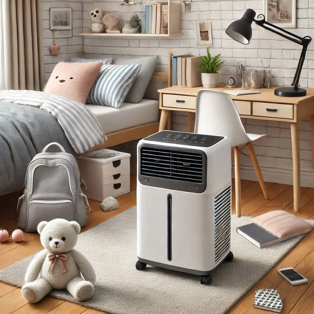 "A compact and sleek portable air conditioner in a dorm room setup."