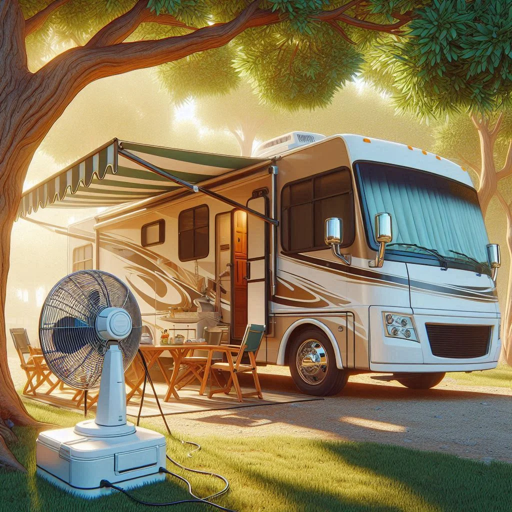 "An RV parked under a tree with shaded awnings, with a portable fan inside circulating cool air."