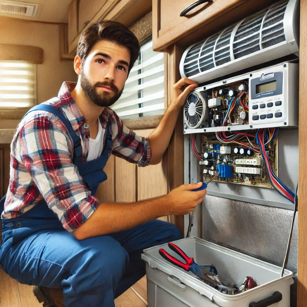 "Image showing a technician replacing the control box inside a Coleman Mach RV air conditioner."