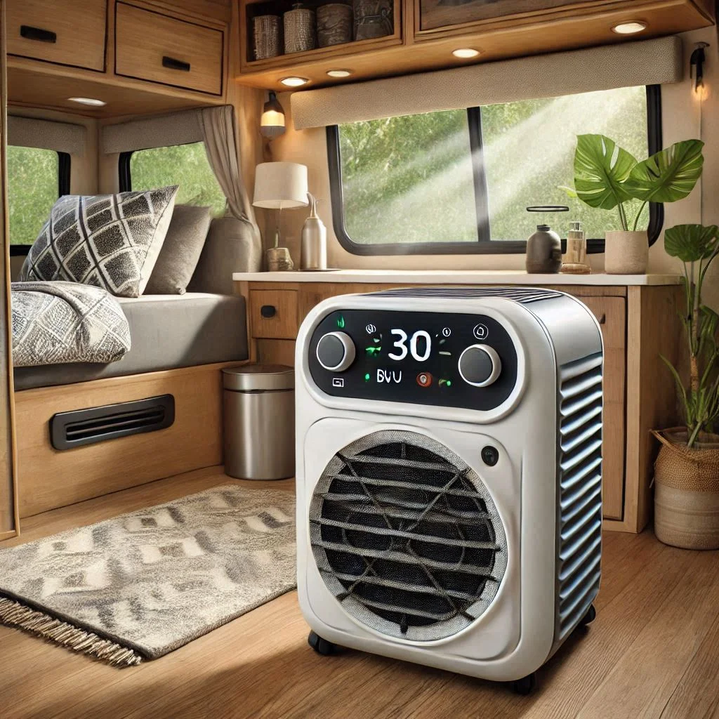 A portable AC unit cooling a compact camper interior with its BTU rating displayed on the control panel.