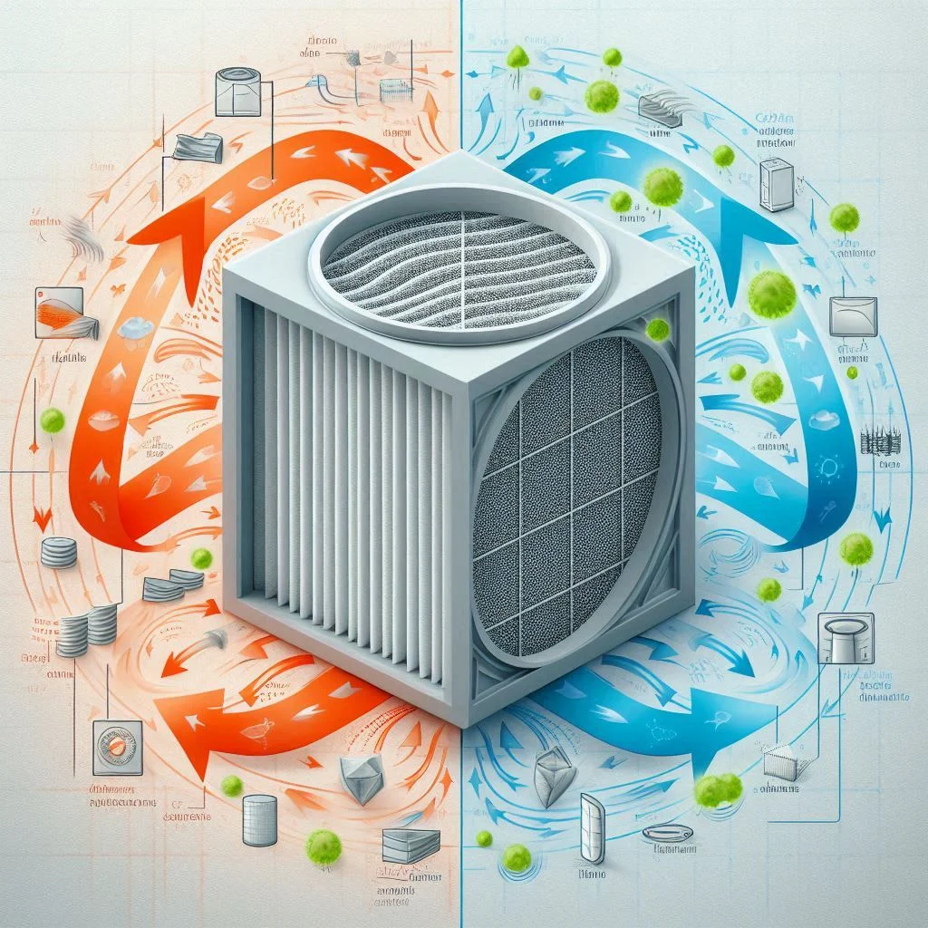 "Diagram showing airflow comparison between a clean and a dirty air conditioner filter, with arrows demonstrating airflow efficiency."