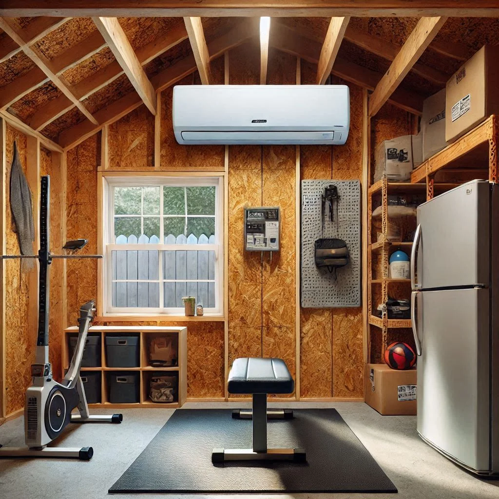 A quiet mini-split AC installed in a garage gym with soundproofing materials visible around the room.