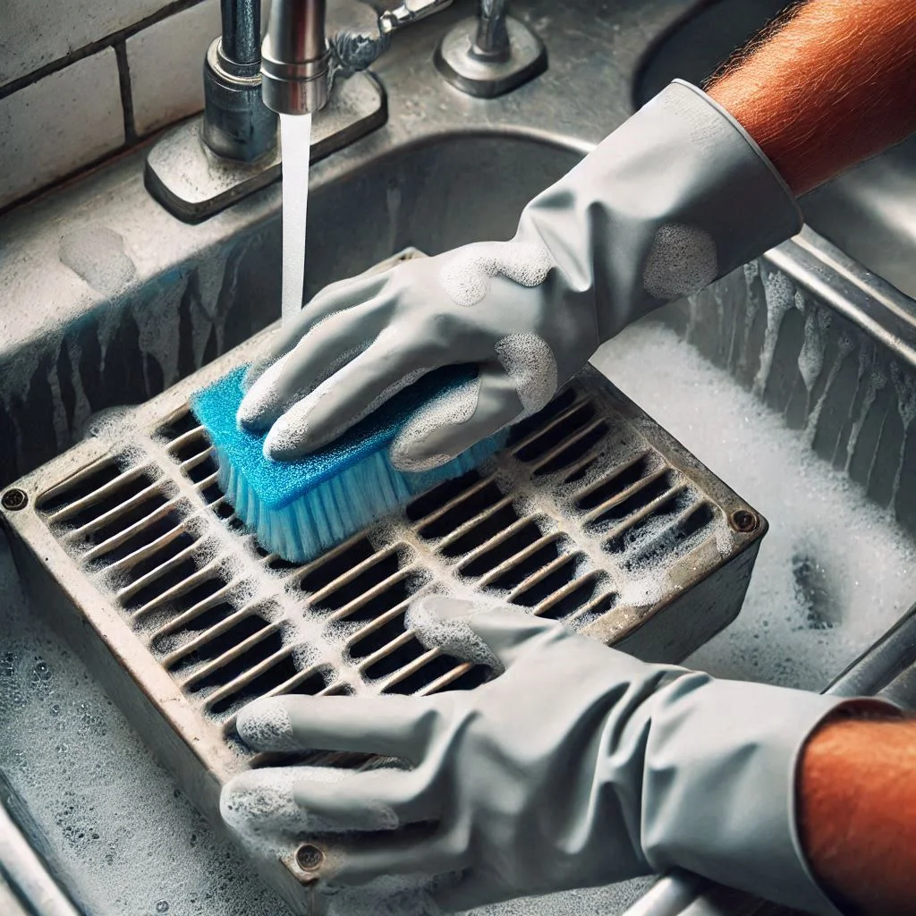 A person wearing gloves while scrubbing an air vent cover over a sink with soapy water in the background.