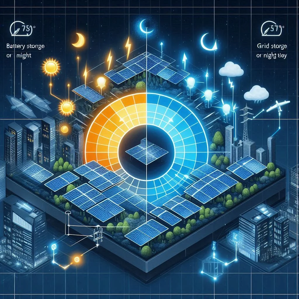 "Diagram showing the difference in solar panel performance during the day and night, including battery storage or grid tie-in for nighttime AC operation."