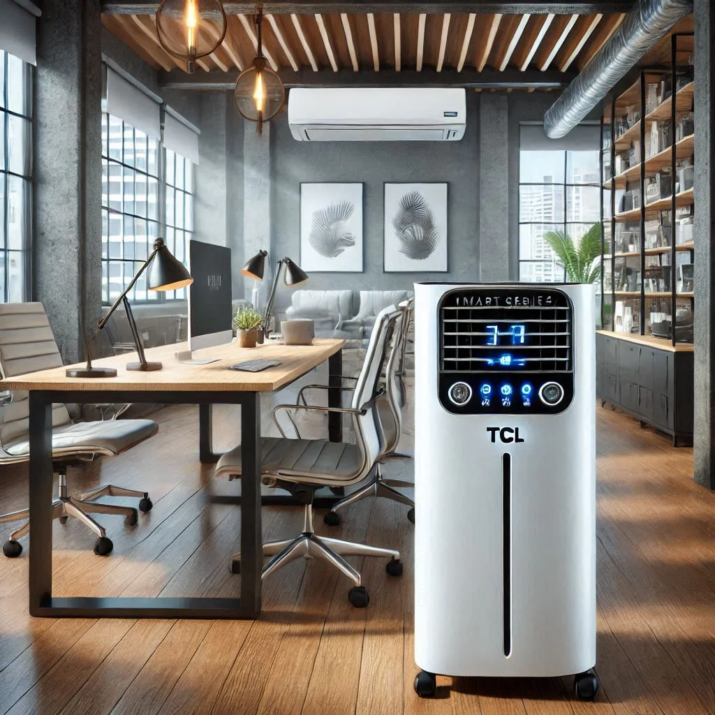 "TCL 5P93C Smart Series Portable Air Conditioner and Heater in a modern office, emphasizing the smart control features."