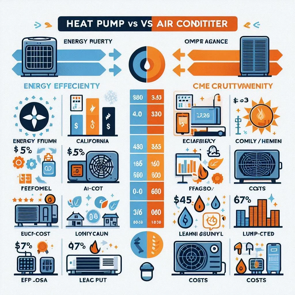 Comparison chart of heat pump vs. air conditioner efficiency, lifespan, and costs in California. Include icons or visuals to represent energy efficiency, longevity, and cooling/heating performance.