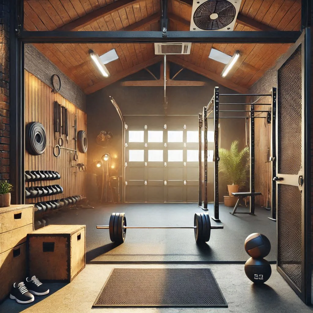 A garage gym with the door open, showing airflow and natural cooling.