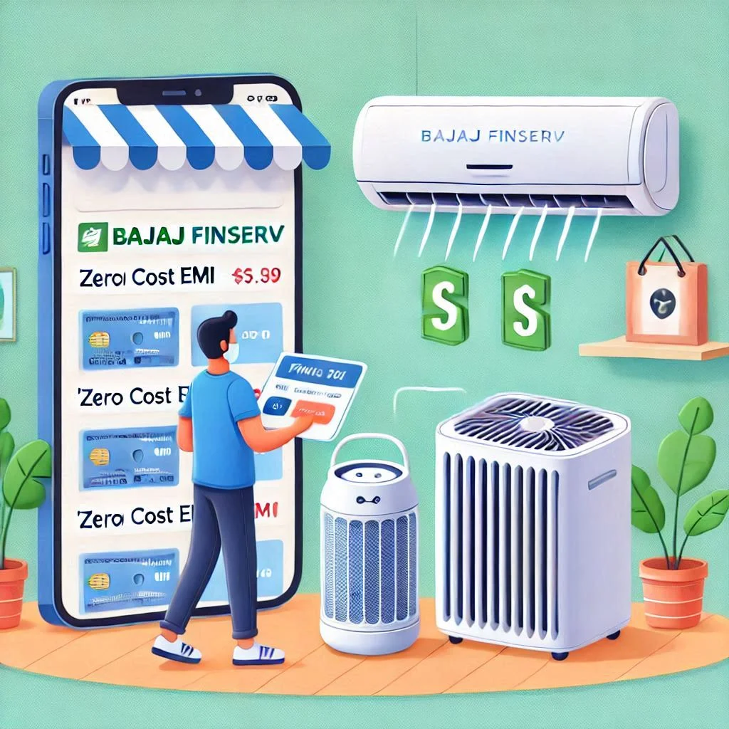 "Image showing a person shopping for an air conditioner and air purifier on an online store, with a clear visual indicating Bajaj Finserv financing options like 'Zero Cost EMI' and flexible payment plans."