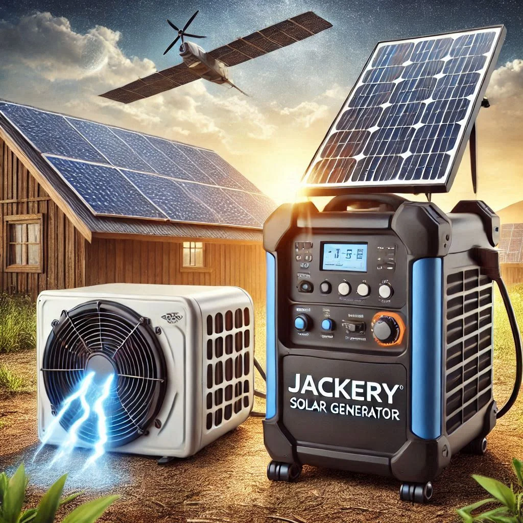 Generate an image showing a Jackery Solar Generator paired with a portable air conditioner in an outdoor setting, with solar panels visible harnessing energy from the sun.