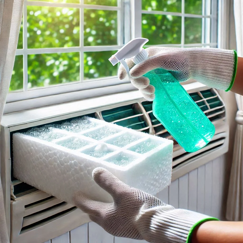 "An image of a person applying a gentle, eco-friendly cleaner on the styrofoam inside a window air conditioner, with a clean, bright environment in the background."