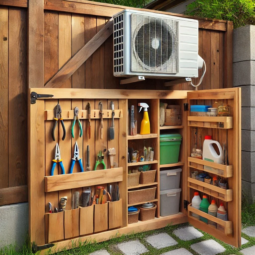 "A wooden fence with hidden storage compartments underneath, showcasing organized garden tools and a clearly ventilated air conditioner unit."