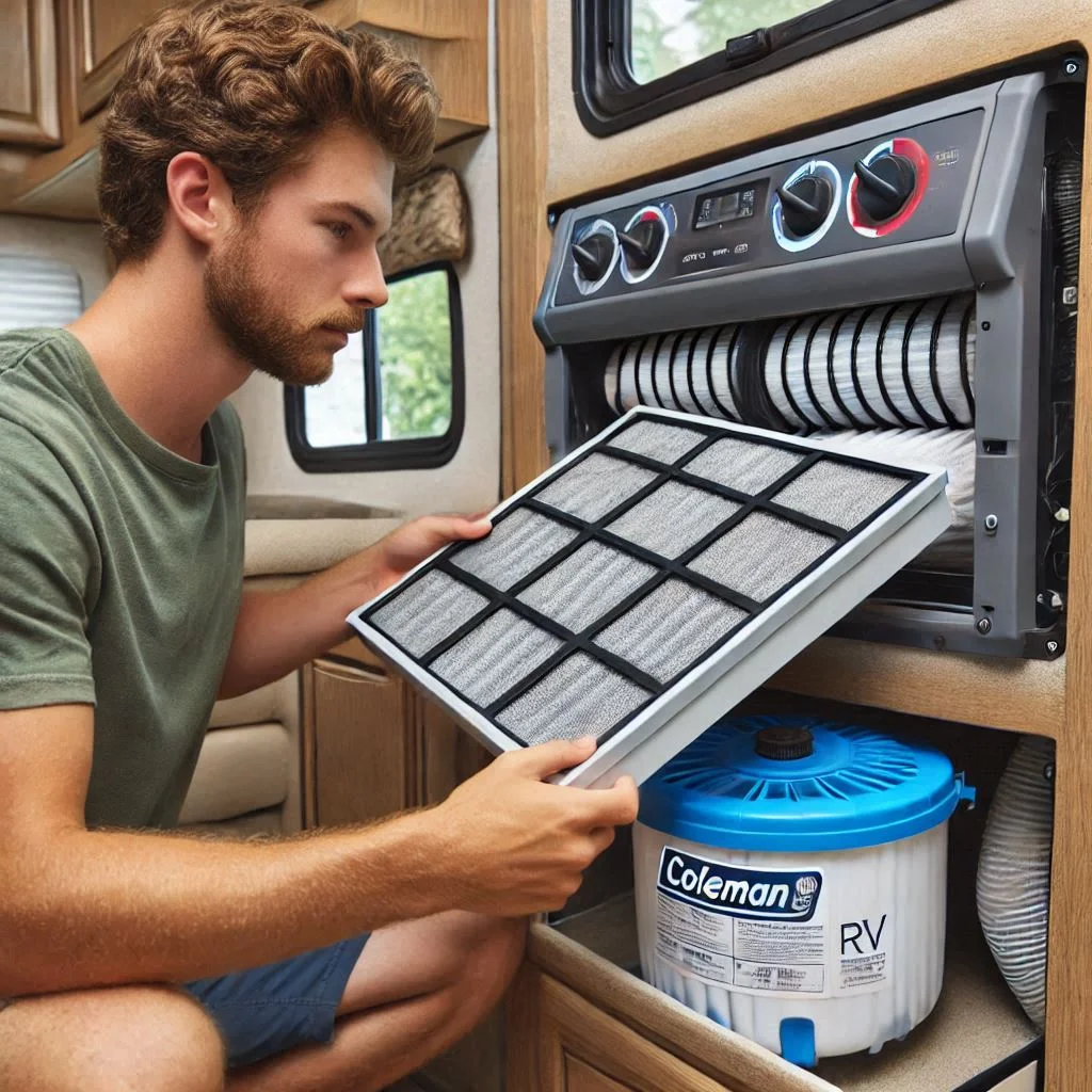 "Close-up of a technician replacing the air filter in a Coleman Mach RV air conditioner."