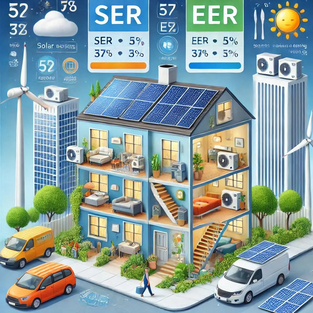 "Infographic comparing the SEER and EER ratings of different AC units and their impact on solar panel requirements."