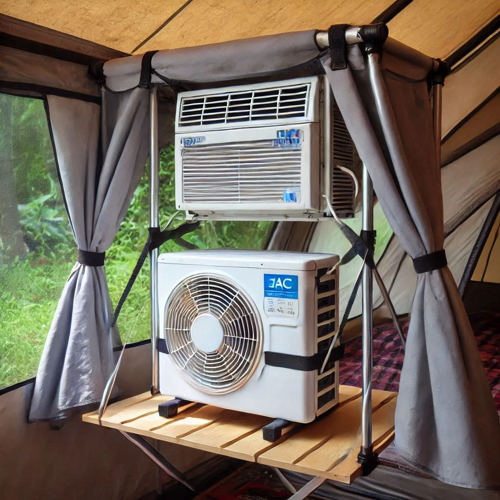 A window AC unit securely installed on a custom support frame next to a tent, showing cool air flowing into the AC port.