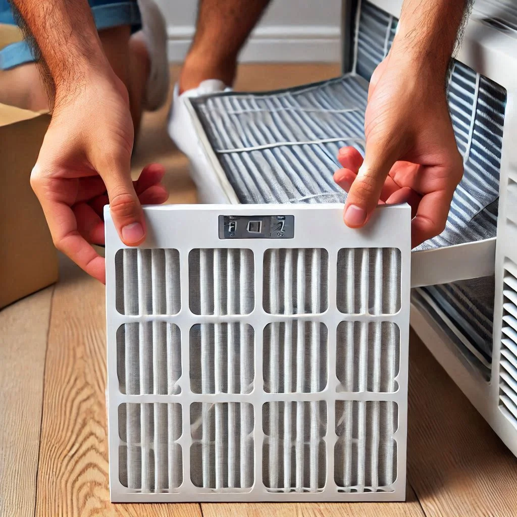 "Close-up of a person removing a disposable air conditioner filter and replacing it with a new one."