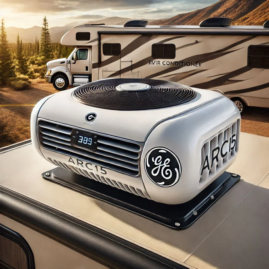 "A close-up of the GE® ARC15 RV Air Conditioner installed on an RV roof, emphasizing its compact and lightweight design, making it suitable for various RV sizes."