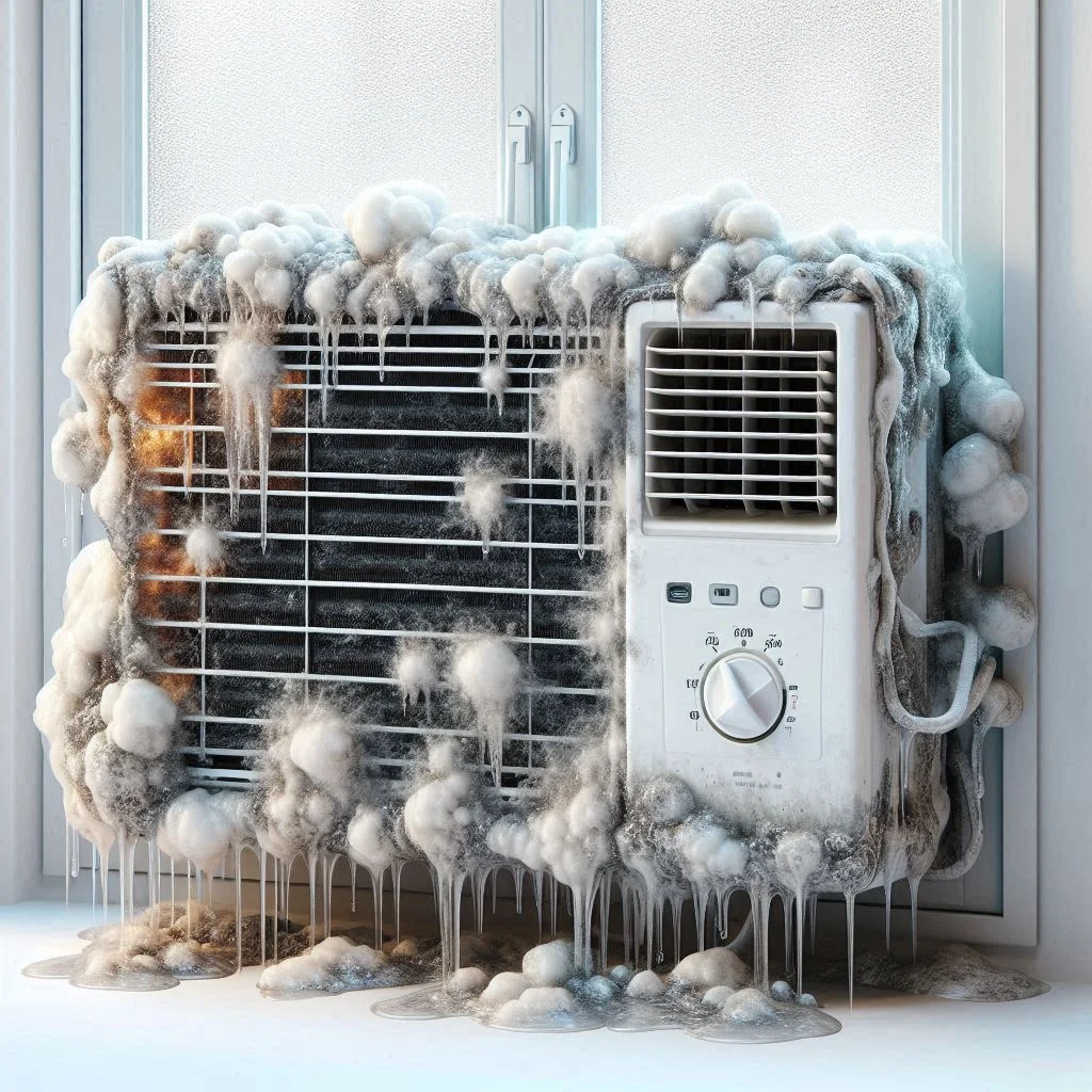 "An image of a window air conditioner with visible condensation around the coils, illustrating the moisture accumulation inside the unit that promotes mold growth."