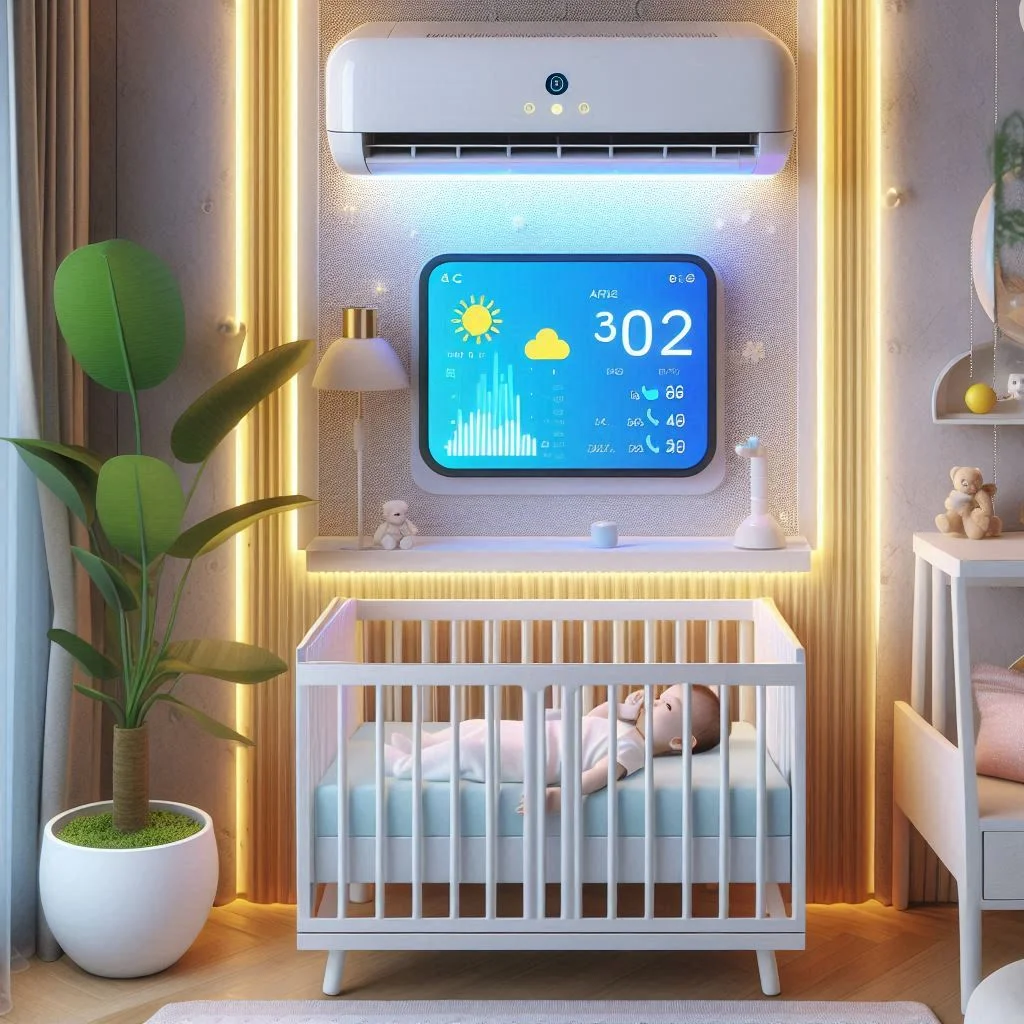 A nursery with an air conditioner featuring a built-in UV-C light and a smart air quality monitor displaying real-time air quality data.