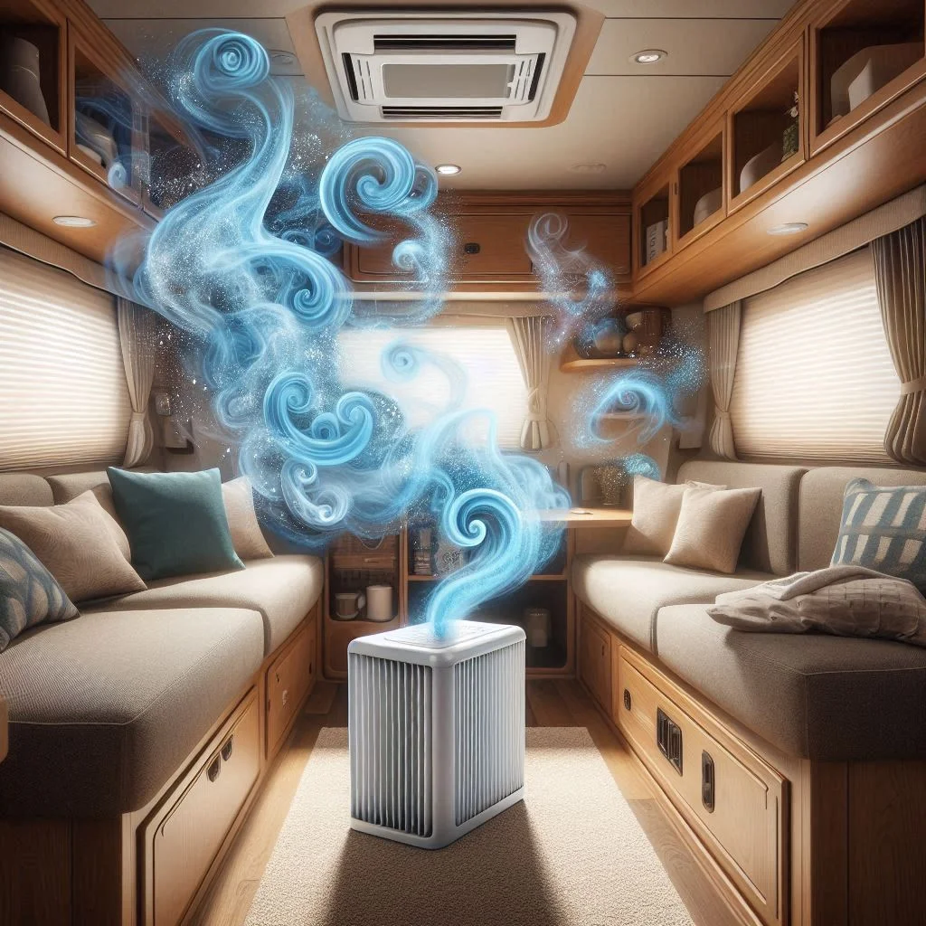 A cozy RV interior with clean, fresh air depicted as blue swirling air streams with dust particles captured by the AC filter.