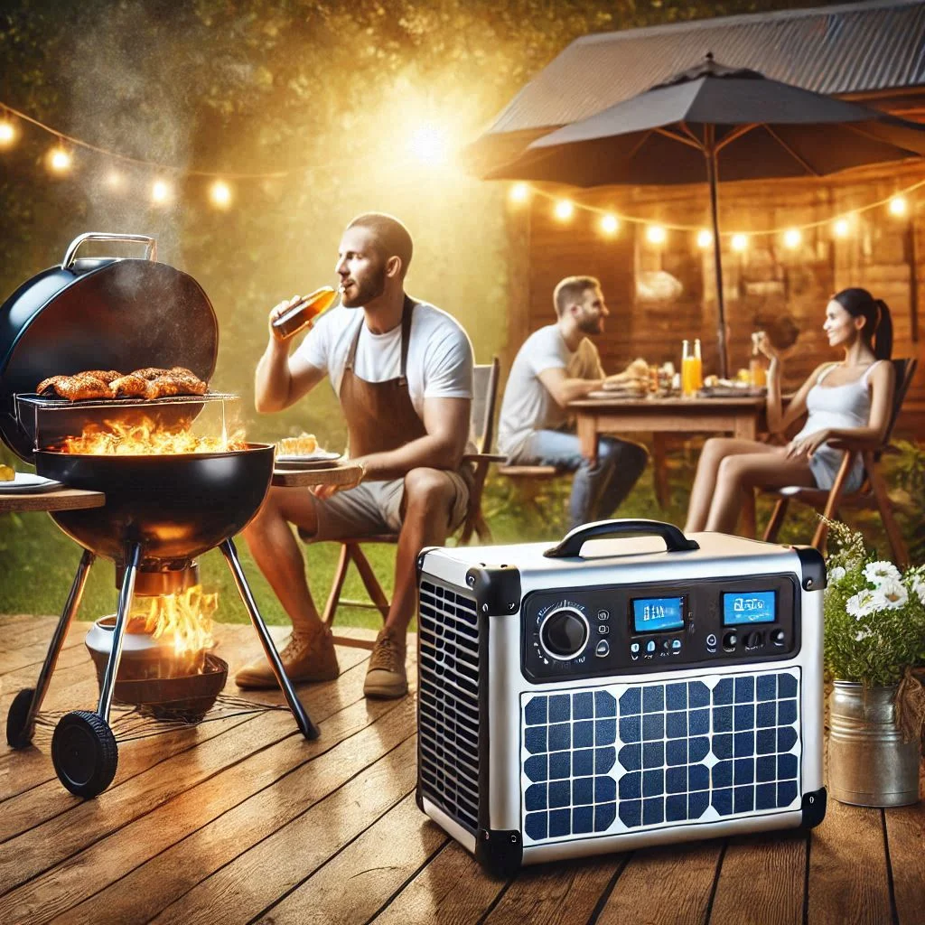 Generate an image of a person enjoying a barbecue outdoors, with a portable air conditioner powered by a Jackery Solar Generator in the background, highlighting the flexibility and mobility of the setup.