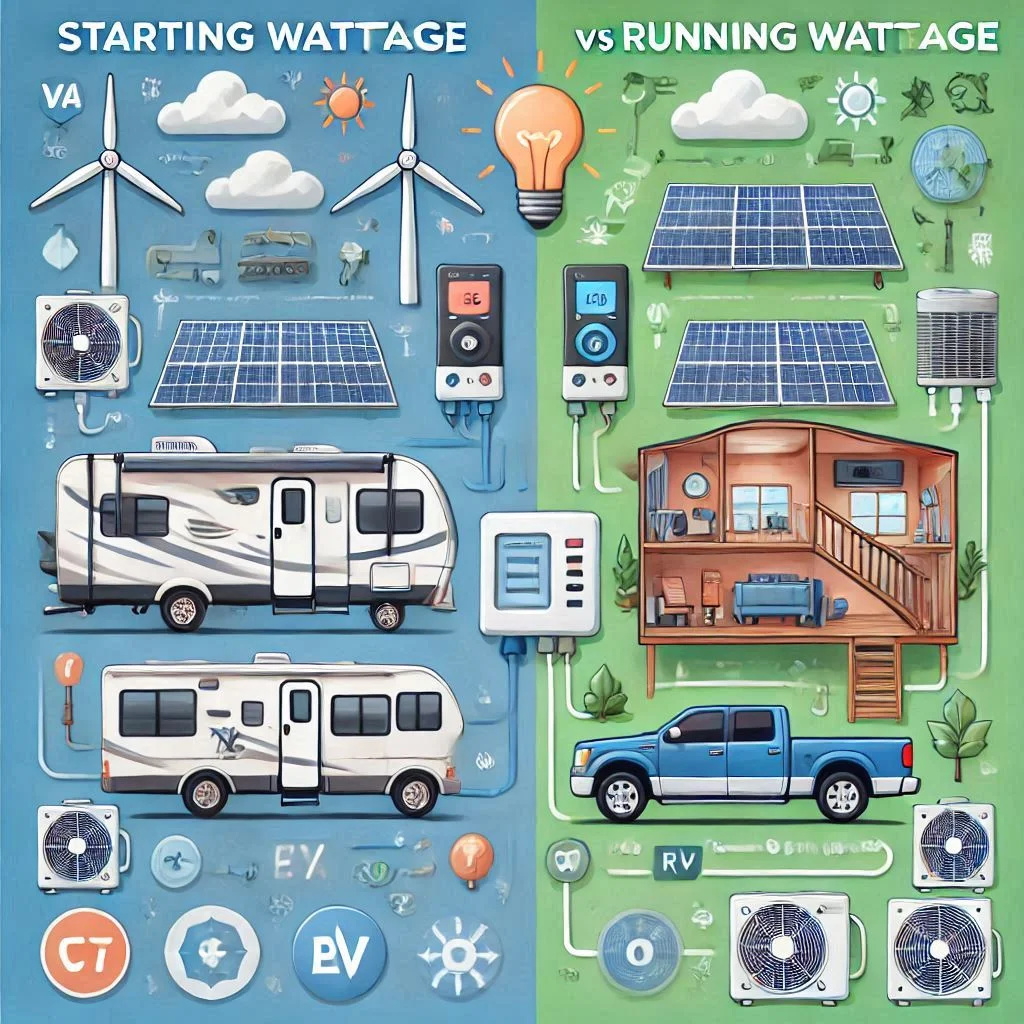 "Infographic comparing starting wattage vs running wattage for RV air conditioners"