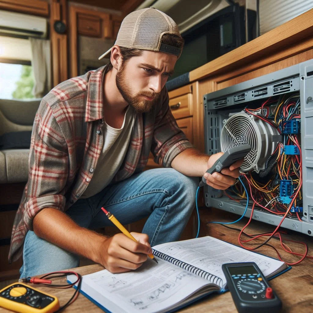 "A technician troubleshooting an RV air conditioner, using a multimeter to test the wiring while referencing a repair manual."