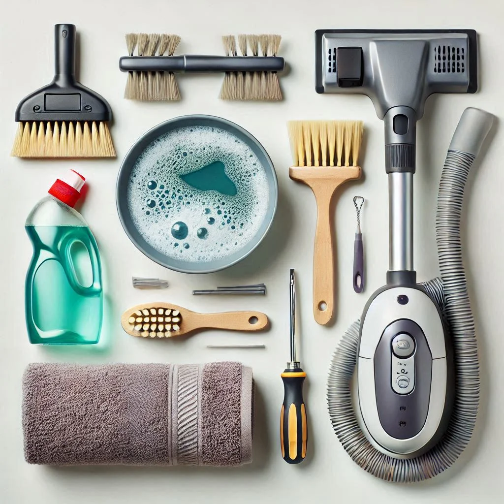 A flat lay of cleaning tools including a vacuum, brush, bowl of soapy water, towel, and a screwdriver neatly arranged on a clean surface.