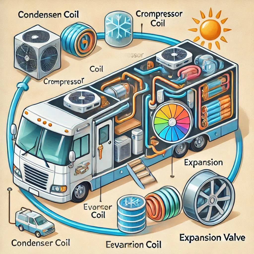 "Diagram showing the refrigeration cycle in an RV air conditioner, highlighting the compressor, condenser coil, evaporator coil, and expansion valve."