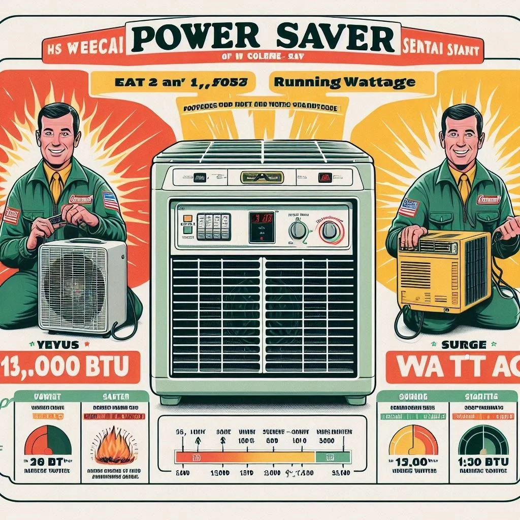 "A diagram comparing the wattage of Coleman-Mach 3 Power Saver in both 13,500 BTU and 15,000 BTU models, with a focus on running wattage and surge wattage during startup."