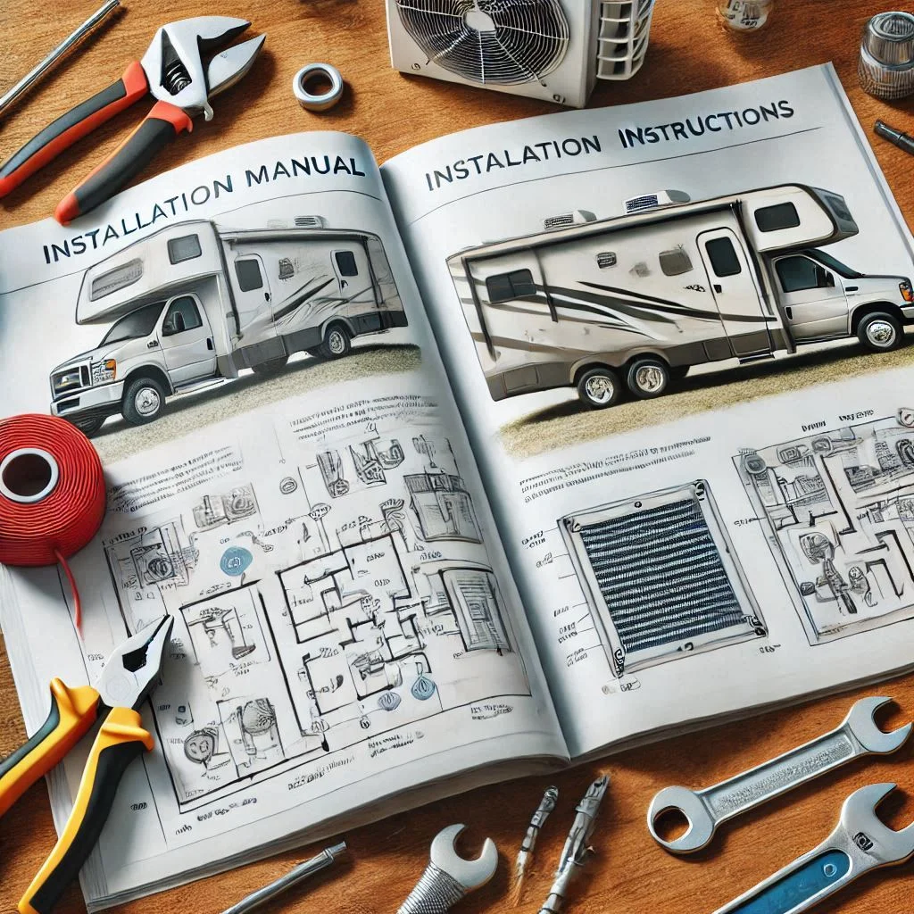 An open installation manual showing detailed diagrams and instructions next to an RV air conditioner unit and tools.